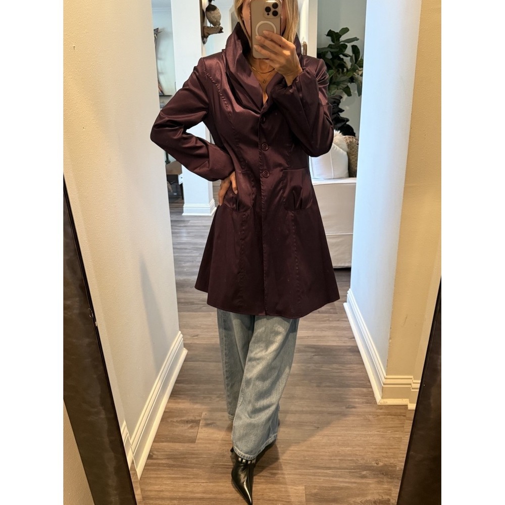 Vintage Joseph Ribkoff Purple Plum‎ Coat Jacket Ruffle Collar Puff Sleeves Y2K